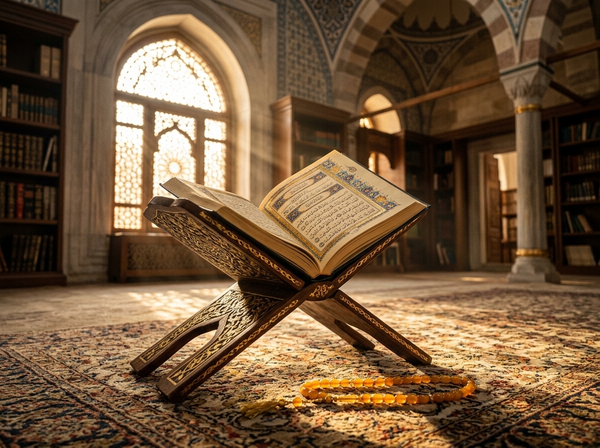 Holy Quran on Rehal in a Serene Islamic Sanctuary - Al Kahaf Academy